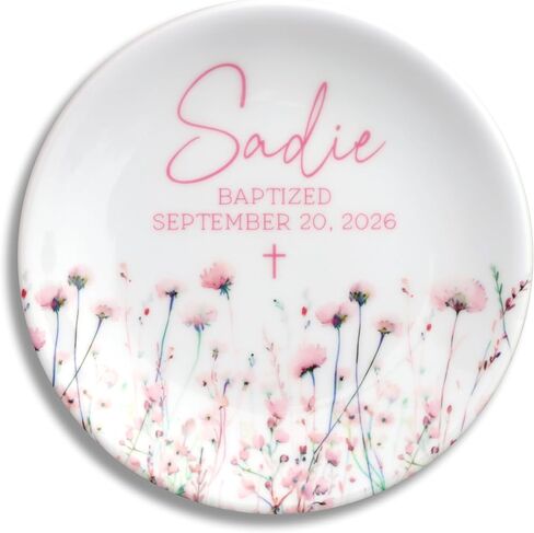 Personalized Ceramic Baptism Ring Dish, Jewelry Holder with Name, Cross and Date for Dedicatoins, Christenings and Baptisms, 4" Ring Plate,100% Original and Handmade in Saudi Arabia