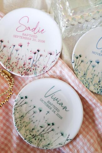 Personalized Ceramic Baptism Ring Dish, Jewelry Holder with Name, Cross and Date for Dedicatoins, Christenings and Baptisms, 4" Ring Plate,100% Original and Handmade in Saudi Arabia