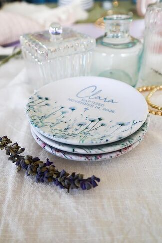 Personalized Ceramic Baptism Ring Dish, Jewelry Holder with Name, Cross and Date for Dedicatoins, Christenings and Baptisms, 4" Ring Plate,100% Original and Handmade in Saudi Arabia