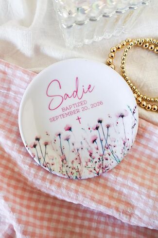 Personalized Ceramic Baptism Ring Dish, Jewelry Holder with Name, Cross and Date for Dedicatoins, Christenings and Baptisms, 4" Ring Plate,100% Original and Handmade in Saudi Arabia