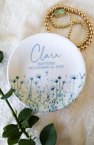 Personalized Ceramic Baptism Ring Dish, Jewelry Holder with Name, Cross and Date for Dedicatoins, Christenings and Baptisms, 4" Ring Plate,100% Original and Handmade in Saudi Arabia
