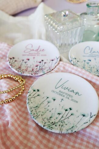 Personalized Ceramic Baptism Ring Dish, Jewelry Holder with Name, Cross and Date for Dedicatoins, Christenings and Baptisms, 4" Ring Plate,100% Original and Handmade in Saudi Arabia