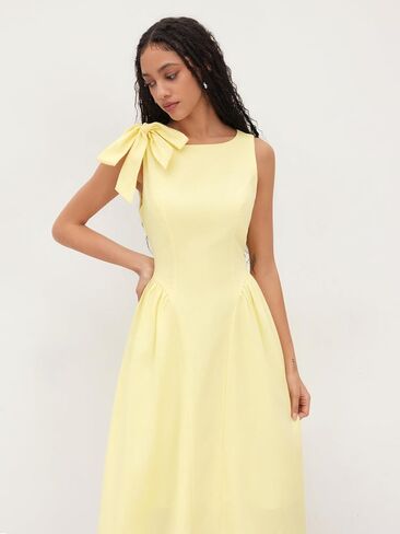 CIDER Cocktail Dress Sleeveless Linen Blend Boat Neck Bowknot Ruffle Midi Dresses Middle Waist Party Dress in Saudi Arabia