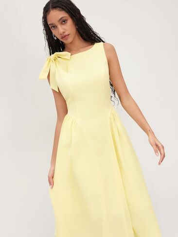CIDER Cocktail Dress Sleeveless Linen Blend Boat Neck Bowknot Ruffle Midi Dresses Middle Waist Party Dress in Saudi Arabia