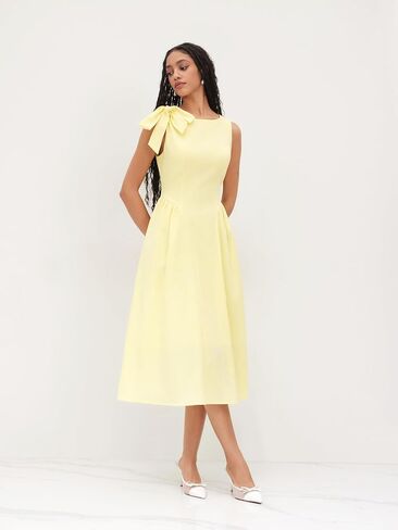 CIDER Cocktail Dress Sleeveless Linen Blend Boat Neck Bowknot Ruffle Midi Dresses Middle Waist Party Dress in Saudi Arabia