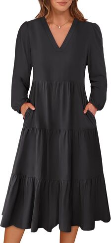 ANRABESS Women's Long Lantern Sleeve Floral Midi Dresses 2025 Fall V Neck Casual Flowy A-line Tiered Boho Vacation Long Dress in Saudi Arabia
