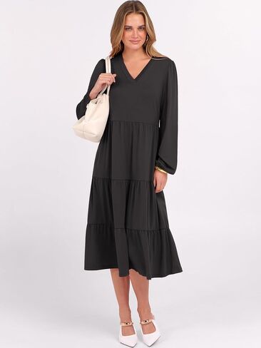 ANRABESS Women's Long Lantern Sleeve Floral Midi Dresses 2025 Fall V Neck Casual Flowy A-line Tiered Boho Vacation Long Dress in Saudi Arabia