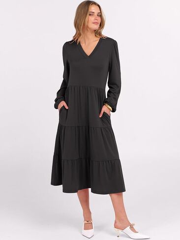 ANRABESS Women's Long Lantern Sleeve Floral Midi Dresses 2025 Fall V Neck Casual Flowy A-line Tiered Boho Vacation Long Dress in Saudi Arabia