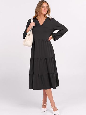 ANRABESS Women's Long Lantern Sleeve Floral Midi Dresses 2025 Fall V Neck Casual Flowy A-line Tiered Boho Vacation Long Dress in Saudi Arabia