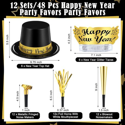 Shappy 48 Pcs New Year's Eve Party Supplies 2025 Party Favors for 12 Guest, Include Happy New Year Top Hats, New Year Headband Tiara, Fringed Noise Makers, Blowing Horns, Blowouts Noisemakers in Saudi Arabia