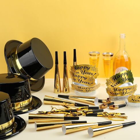 Shappy 48 Pcs New Year's Eve Party Supplies 2025 Party Favors for 12 Guest, Include Happy New Year Top Hats, New Year Headband Tiara, Fringed Noise Makers, Blowing Horns, Blowouts Noisemakers in Saudi Arabia