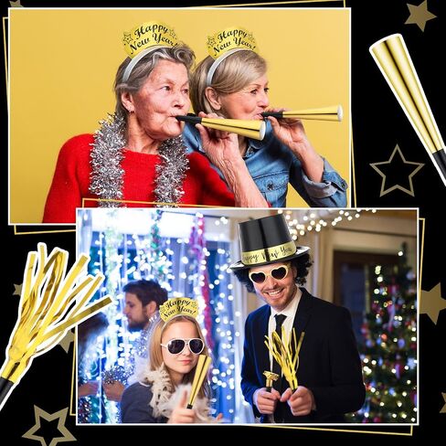 Shappy 48 Pcs New Year's Eve Party Supplies 2025 Party Favors for 12 Guest, Include Happy New Year Top Hats, New Year Headband Tiara, Fringed Noise Makers, Blowing Horns, Blowouts Noisemakers in Saudi Arabia