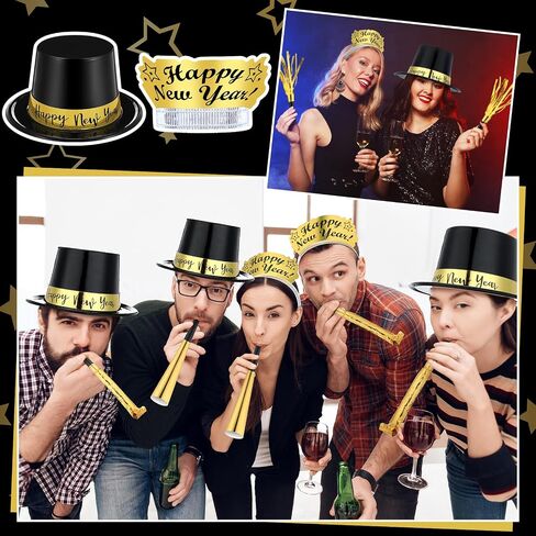 Shappy 48 Pcs New Year's Eve Party Supplies 2025 Party Favors for 12 Guest, Include Happy New Year Top Hats, New Year Headband Tiara, Fringed Noise Makers, Blowing Horns, Blowouts Noisemakers in Saudi Arabia