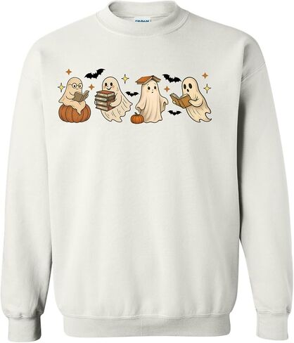 Cute Bookish Ghost Sweatshirt – Halloween Reading Pullover with Pumpkins & Bats – Unisex Printed Fall Crewneck in Kuwait