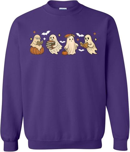 Cute Bookish Ghost Sweatshirt – Halloween Reading Pullover with Pumpkins & Bats – Unisex Printed Fall Crewneck in Kuwait
