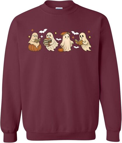 Cute Bookish Ghost Sweatshirt – Halloween Reading Pullover with Pumpkins & Bats – Unisex Printed Fall Crewneck in Kuwait