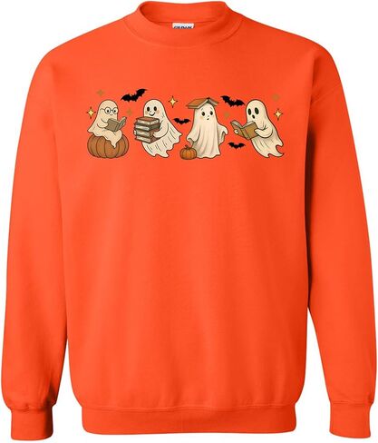 Cute Bookish Ghost Sweatshirt – Halloween Reading Pullover with Pumpkins & Bats – Unisex Printed Fall Crewneck in Kuwait