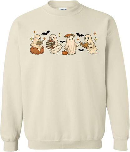 Cute Bookish Ghost Sweatshirt – Halloween Reading Pullover with Pumpkins & Bats – Unisex Printed Fall Crewneck in Kuwait