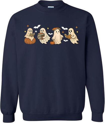 Cute Bookish Ghost Sweatshirt – Halloween Reading Pullover with Pumpkins & Bats – Unisex Printed Fall Crewneck in Kuwait