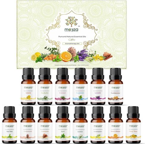 مجموعة هدايا الزيوت العطرية النقية للعلاج العطري من موجيزا، 14 زيتًا - الياسمين والليمون والريحان واليلانج يلانج وخشب الأرز والقرفة واللافندر وشجرة الشاي وأكثر من ذلك، 10 مل لكل منها. كوشير معتمد، نباتي ولم يتم الإساءة إلى الحيوانات لتصنيعه in Kuwait