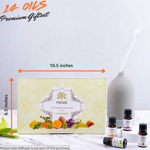 مجموعة هدايا الزيوت العطرية النقية للعلاج العطري من موجيزا، 14 زيتًا - الياسمين والليمون والريحان واليلانج يلانج وخشب الأرز والقرفة واللافندر وشجرة الشاي وأكثر من ذلك، 10 مل لكل منها. كوشير معتمد، نباتي ولم يتم الإساءة إلى الحيوانات لتصنيعه in Kuwait
