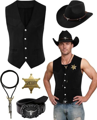 5 Pcs Western Outfits for Men Cowboy Suede Leather Vest Hat Necktie Buckle Belt Sheriff Badge for Halloween Costume in Saudi Arabia