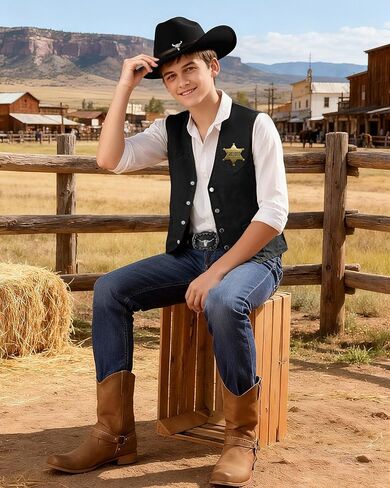 5 Pcs Western Outfits for Men Cowboy Suede Leather Vest Hat Necktie Buckle Belt Sheriff Badge for Halloween Costume in Saudi Arabia