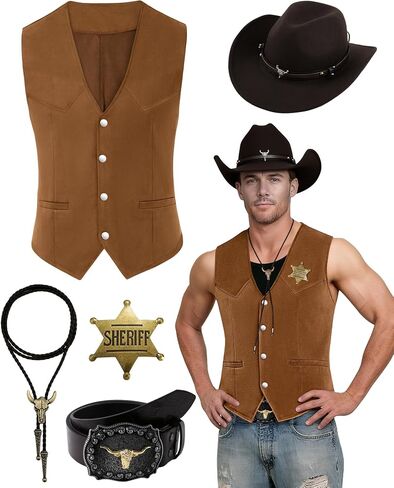 5 Pcs Western Outfits for Men Cowboy Suede Leather Vest Hat Necktie Buckle Belt Sheriff Badge for Halloween Costume in Saudi Arabia