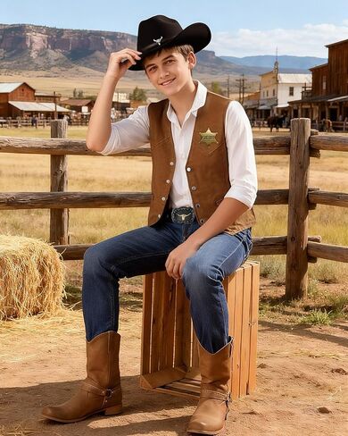 5 Pcs Western Outfits for Men Cowboy Suede Leather Vest Hat Necktie Buckle Belt Sheriff Badge for Halloween Costume in Saudi Arabia