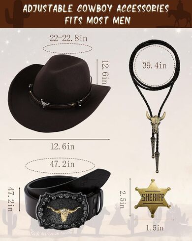 5 Pcs Western Outfits for Men Cowboy Suede Leather Vest Hat Necktie Buckle Belt Sheriff Badge for Halloween Costume in Saudi Arabia