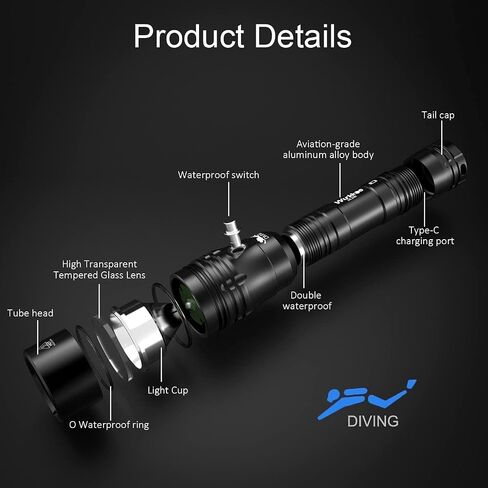 Wurkkos DL07 Diving Flashlight Rechargeable Scuba Dive Light, 3000 Lumens Dive Lights, IPX8 Waterproof, 135 ° Beam Angle Underwater Flashlight High 90 CRI Dive Video Photography Light with Ball Joint in Kuwait