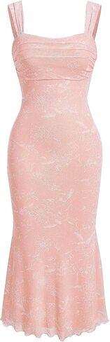 SKAYS Women's Floral Summer Pastel Wedding Guest Dress Mesh Bodycon Ruched Cocktail Midi Sundress in Saudi Arabia