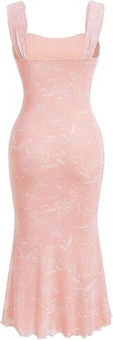 SKAYS Women's Floral Summer Pastel Wedding Guest Dress Mesh Bodycon Ruched Cocktail Midi Sundress in Saudi Arabia