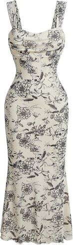SKAYS Women's Floral Summer Pastel Wedding Guest Dress Mesh Bodycon Ruched Cocktail Midi Sundress in Saudi Arabia