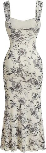 SKAYS Women's Floral Summer Pastel Wedding Guest Dress Mesh Bodycon Ruched Cocktail Midi Sundress in Saudi Arabia
