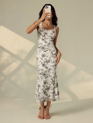 SKAYS Women's Floral Summer Pastel Wedding Guest Dress Mesh Bodycon Ruched Cocktail Midi Sundress in Saudi Arabia