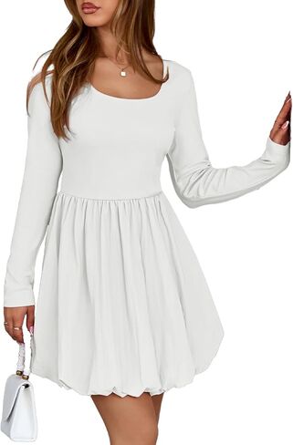 BLENCOT Women's Square Neck Bubble Dress Fall Long Sleeve Cocktail Party A Line Mini Dresses in Saudi Arabia