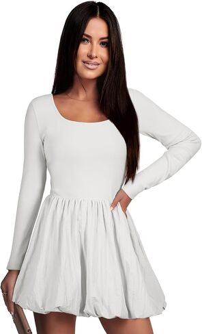 BLENCOT Women's Square Neck Bubble Dress Fall Long Sleeve Cocktail Party A Line Mini Dresses in Saudi Arabia