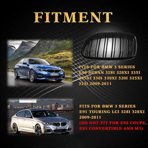 شبكة أمامية لشبكة الكلى E90 تناسب BMW 320i 323i 325i 325xi 328i 328xi 330i 335i 335xi - 3 series 2005-2008 (شرائح مزدوجة لامعة باللون الأسود) in Kuwait