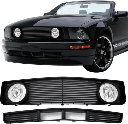 IKON MOTORSPORTS Front Upper & Lower Grilles, Compatible with 2005-2009 Ford Mustang V6 & GT, Billet Style Black ABS Plastic Replacement Front Bumper Hood Grill with Lights 2PCS in Saudi Arabia