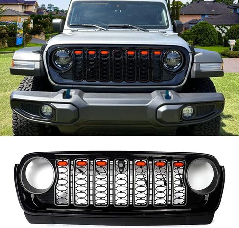 MIC Upgraded Front Grille Grill Guard Assembly Compatible with 2018-2024 Jeep Wrangler JL & Gladiator JT Front Bumper Grille with Camera Hole & LED Light (Bright White) in Kuwait