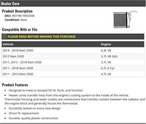 Heater Core - Compatible with 2011-2018 Ram 2500 in Saudi Arabia
