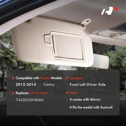 A-Premium Driver Left Side Sun Visor Compatible with Toyota Camry 2012 2013 2014 - Without Vanity Light, with Vanity Mirror, Without Sunroof, with Sliding Sun Visor Extension, Beige Color in Saudi Arabia