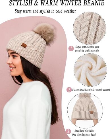 Winter Hat Scarf Gloves Set for Women Warm Cute Fleece Lined Beanie Pom Pom Long Scarf Touchscreen Gloves Cold Weather Gift in Saudi Arabia