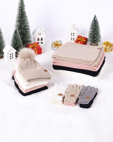 Winter Hat Scarf Gloves Set for Women Warm Cute Fleece Lined Beanie Pom Pom Long Scarf Touchscreen Gloves Cold Weather Gift in Saudi Arabia