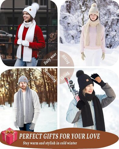 Winter Hat Scarf Gloves Set for Women Warm Cute Fleece Lined Beanie Pom Pom Long Scarf Touchscreen Gloves Cold Weather Gift in Saudi Arabia