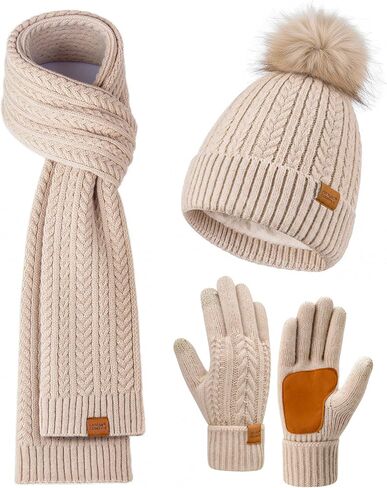 Winter Hat Scarf Gloves Set for Women Warm Cute Fleece Lined Beanie Pom Pom Long Scarf Touchscreen Gloves Cold Weather Gift in Saudi Arabia