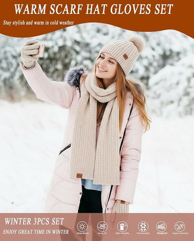 Winter Hat Scarf Gloves Set for Women Warm Cute Fleece Lined Beanie Pom Pom Long Scarf Touchscreen Gloves Cold Weather Gift in Saudi Arabia