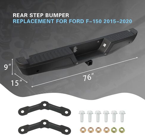 مجموعة المصد الخلفي الفولاذي باللون الأسود لاستبدال Ford F-150 2015-2020 مع وصلة السحب القصوى وفتحة مستشعر مساعد ركن السيارة استبدال FO1103191، 5L3Z17787AA، FL3Z17906B، FL3Z17787B in Saudi Arabia