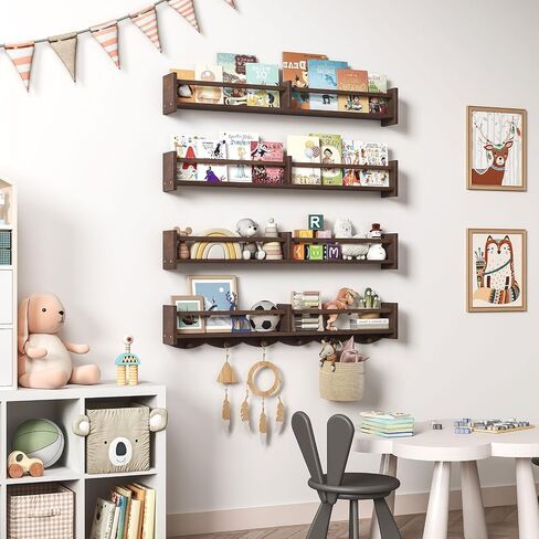 34Inch Nursery Bookshelves,Set of 4,Wall Floating Shelf Kids Coat Rack with 6Hooks,Hanging Book Shelf for Baby Nursery Room Décor (Dark Brown, 34) in Saudi Arabia